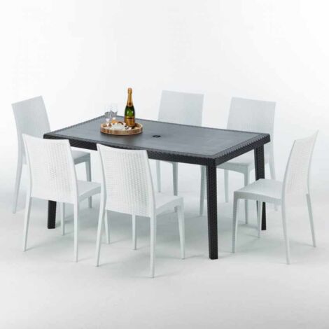 Table rectangulaire et 6 chaises Poly rotin colorées 150x90cm noir Enjoy