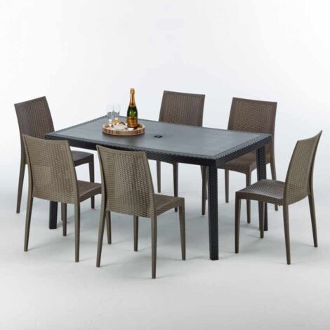 Table rectangulaire et 6 chaises Poly rotin colorées 150x90cm noir Enjoy