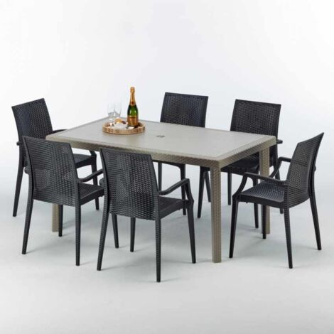 Table rectangulaire et 6 chaises Poly rotin resine ensemble bar cafè exterieur 150x90 Beige Marion