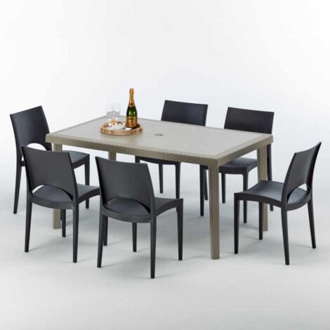 Grand Soleil – Ensemble table et 6 chaises de jardin en poly rotin – Table rectangulaire 150x90 cm – Résistant aux intempéries – Design Made in Italy