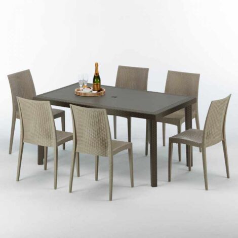 Table rectangulaire 6 chaises Poly rotin resine 150x90 marron Focus