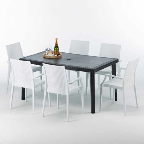 Table rectangulaire et 6 chaises Poly rotin colorées 150x90cm noir Enjoy