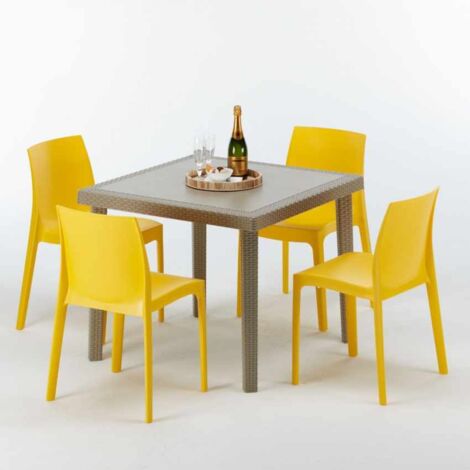 Table carrée beige + 4 chaises colorées Poly rotin synthétique Elegance