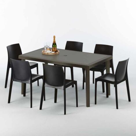 Table rectangulaire 6 chaises Poly rotin resine 150x90 marron Focus