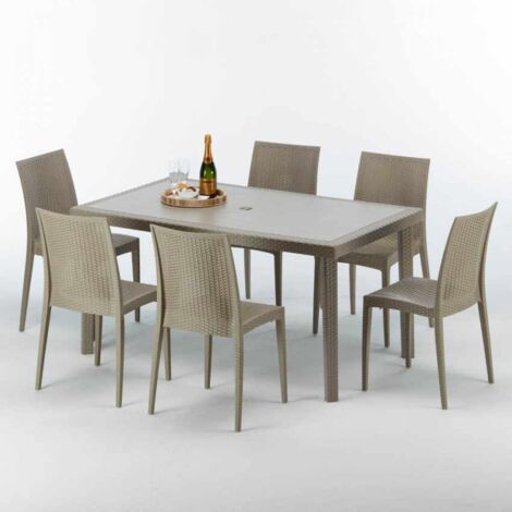 Table rectangulaire et 6 chaises Poly rotin resine ensemble bar cafè exterieur 150x90 Beige Marion