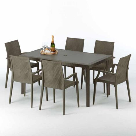Grand Soleil – Ensemble table rectangulaire 150x90 cm avec 6 chaises empilables en polyrotin moka – Résistant aux intempéries – Design Made in Italy