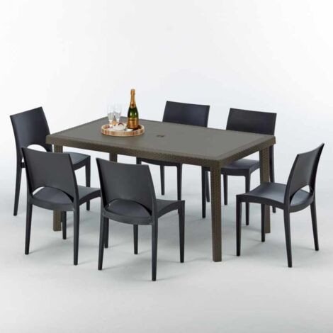 Table rectangulaire 6 chaises Poly rotin resine 150x90 marron Focus