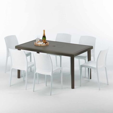 Table rectangulaire 6 chaises Poly rotin resine 150x90 marron Focus