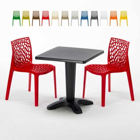 Table Carrée Noire 70x70cm Avec 2 Chaises Colorées Grand Soleil Set Bar Café Gruvyer Aia - Rouge