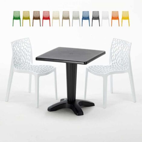 Table Carrée Noire 70x70cm Avec 2 Chaises Colorées Grand Soleil Set Bar Café Gruvyer Aia - Blanc