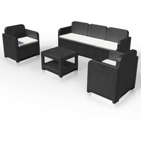 Grand Soleil – Salon de jardin en polyrotin 5 places – Canapé 3 places et 2 fauteuils – Table basse rectangulaire – Résistant aux intempéries – Noir (1/3)