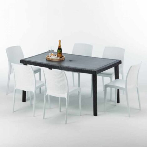 Table rectangulaire et 6 chaises Poly rotin colorées 150x90cm noir Enjoy