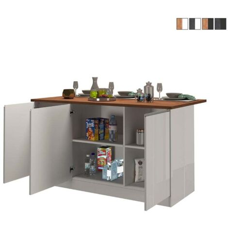 Îlot central moderne 3 portes 155x90x90 cm – Surface pour 3 places assises – Compartiments de rangement – Design linéaire blanc et chêne