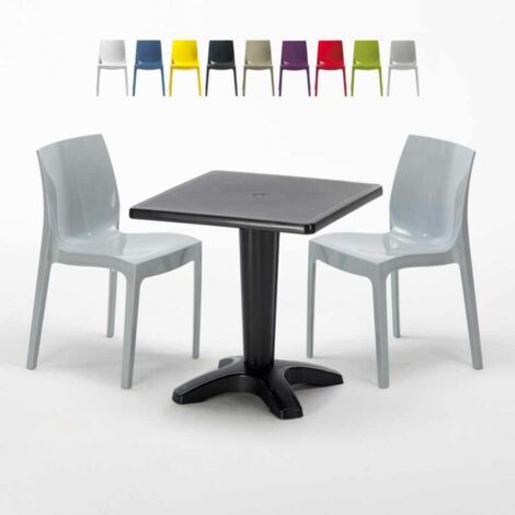 Table Carrée Noire 70x70cm Avec 2 Chaises Colorées Grand Soleil Set Bar Café Ice Aia - Gris (1/5)