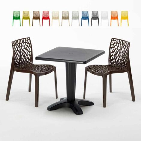 Table Carrée Noire 70x70cm Avec 2 Chaises Colorées Grand Soleil Set Bar Café Gruvyer Aia - Marron