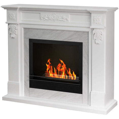 Cheminée bioéthanol sur pied – Cadre blanc effet marbre – Dimensions L121 x P38 x H108 cm – Surface chauffée jusqu'à 30 m² – Levante