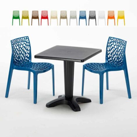 Table Carrée Noire 70x70cm Avec 2 Chaises Colorées Grand Soleil Set Bar Café Gruvyer Aia - Bleu