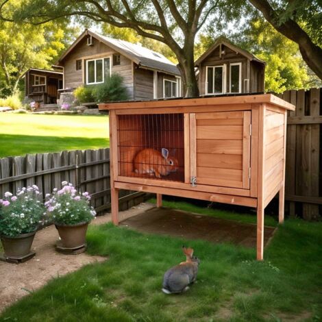 Clapier à lapin en bois sapin – Dimensions 91x45x70 cm – Toit en pente imperméable – 2 portes d'accès – Tiroir coulissant pour nettoyage facile – Stark