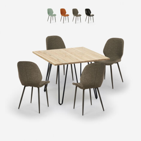 Ensemble de 4 Chaises Design Simili Cuir et 1 Table Bois Métal 80x80cm Wright Light - Gris (1/5)