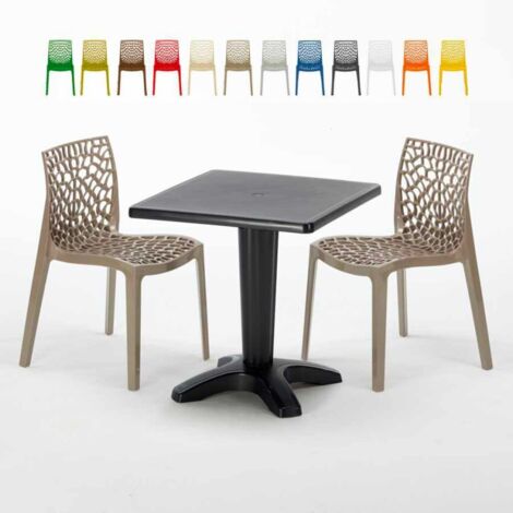 Table Carrée Noire 70x70cm Avec 2 Chaises Colorées Grand Soleil Set Bar Café Gruvyer Aia - Beige Juta