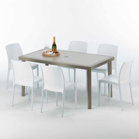 Table rectangulaire et 6 chaises Poly rotin resine ensemble bar cafè exterieur 150x90 Beige Marion