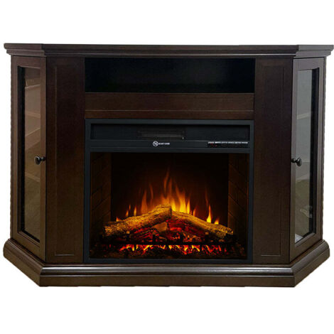 Cheminée électrique cheminée d'angle au sol MADISON en bois de noyer L126 x P78 x H83