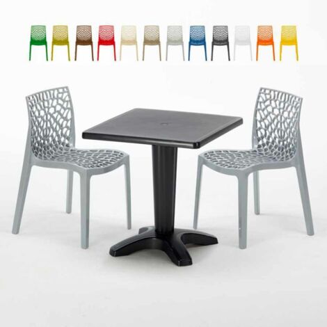 Table Carrée Noire 70x70cm Avec 2 Chaises Colorées Grand Soleil Set Bar Café Gruvyer Aia - Gris