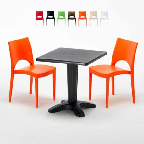 Table Carrée Noire 70x70cm Avec 2 Chaises Colorées Grand Soleil Set Bar Café Paris Aia - Orange