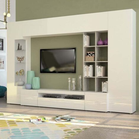 Ensemble de meubles de salon mural avec meuble TV – Finition blanc laqué et béton gris – Dimensions 200x40x35 cm – Fabrication italienne