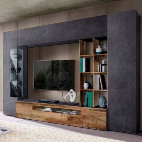 Ahd Amazing Home Design – Ensemble de salon meuble TV en bois ardoise – Vitrine avec 3 étagères en verre – Colonne avec 8 compartiments – Design moderne 100% made in Italy (1/5)