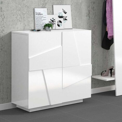 Ahd Amazing Home Design – Meuble à chaussures blanc moderne 2 portes – 4 compartiments pour 16 paires – Bois FSC – Dimensions 81x38x86 cm – Finition brillante