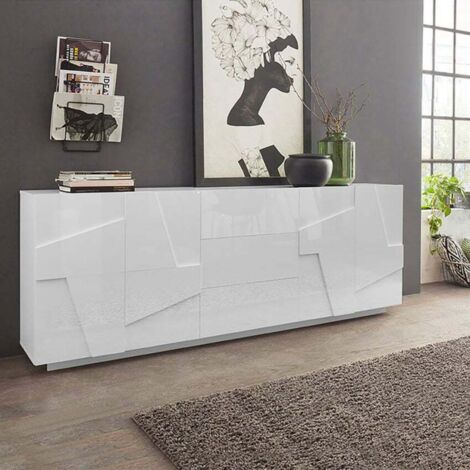 Ahd Amazing Home Design – Buffet moderne 220cm blanc laqué brillant – 4 portes battantes avec étagère – 3 tiroirs coulissants 'push to open' – Bois anobli certifié FSC