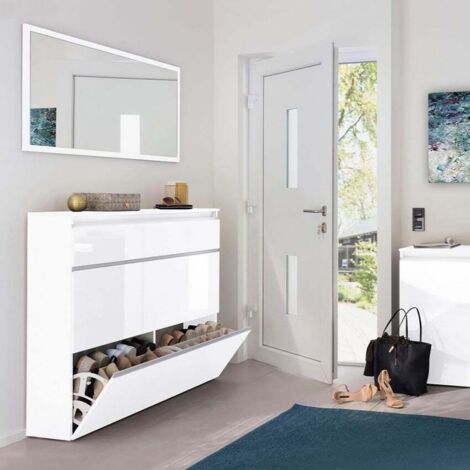 Ahd Amazing Home Design – Meuble à chaussures 2 portes rabattables – Capacité 24 paires – Dimensions 120x26,5x108 cm – Bois FSC blanc laqué brillant (1/5)
