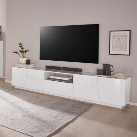 Ahd Amazing Home Design – Meuble TV mural moderne 220x43cm blanc brillant – 2 compartiments avec ouverture à charnière – Tiroir coulissant – Design italien (1/5)