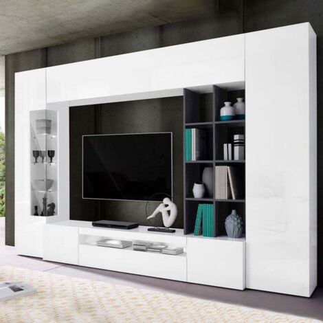 Ensemble de meubles de salon blanc anthracite – Vitrine 190 cm – Meuble TV 200 cm – Design moderne en bois certifié FSC – Facile à monter