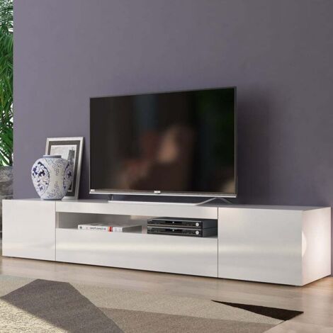 Meuble TV moderne 200 cm – Bois mélaminé certifié FSC – Compartiments de rangement avec portes battantes – Design italien blanc brillant
