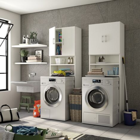 Meuble polyvalent au-dessus du lave-linge avec deux étagères et deux portes blanches (1/4)
