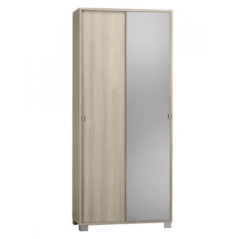 Armoire de rangement 2 portes coulissantes miroir 8 étagères Livo - Orme (1/5)