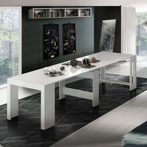 Table À Manger extensible en bois Blanc Brillant 90x51-300cm Design Salon Pratika White (1/5)