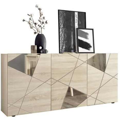Buffet moderne 3 portes en bois chêne sonoma – Dimensions 181x42x84 cm – Design élégant avec miroirs – Pour salon et salle à manger – Homemania (1/5)