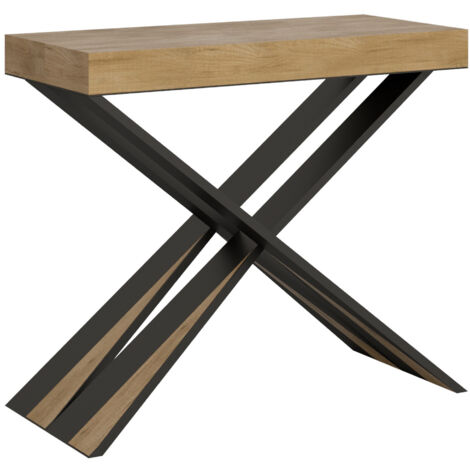 Table console extensible 90x40-300cm chêne naturel – Système télescopique – Structure en fer croisé – Made in Italy – Itamoby