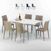 Table Rectangulaire Blanche 150x90cm Avec 6 Chaises Colorées Grand Soleil Set Extérieur Bar Café Bistrot Summerlife - Beige