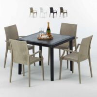 Grand Soleil – Ensemble table carrée noire 90x90cm avec 4 chaises Arm Bistrot – Résistant aux intempéries – Design Made in Italy – Pour usage public