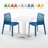 Table Carrée Blanche 70x70cm Avec 2 Chaises Colorées Grand Soleil Set Bar Café Gruvyer Patio - Bleu