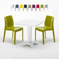 Table Carrée Blanche 70x70cm Avec 2 Chaises Colorées Grand Soleil Set Bar Café Ice Patio - Vert