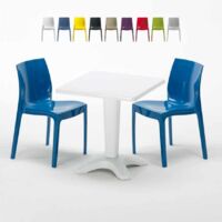 Table Carrée Blanche 70x70cm Avec 2 Chaises Colorées Grand Soleil Set Bar Café Ice Patio - Bleu