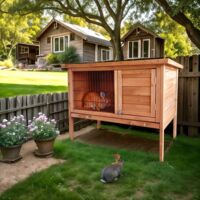 Clapier à lapin en bois sapin – Dimensions 91x45x70 cm – Toit en pente imperméable – 2 portes d'accès – Tiroir coulissant pour nettoyage facile – Stark