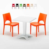 Table Carrée Blanche 70x70cm Avec 2 Chaises Colorées Grand Soleil Set Bar Café Paris Patio - Orange