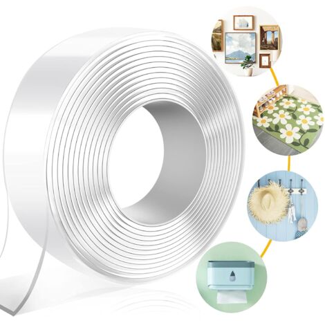 Ruban Adhésif Double Face Nano Tape – Extra Fort, Réutilisable, Transparent – 2 Rouleaux 3 Cm X 3 M – Colle Sans Percer