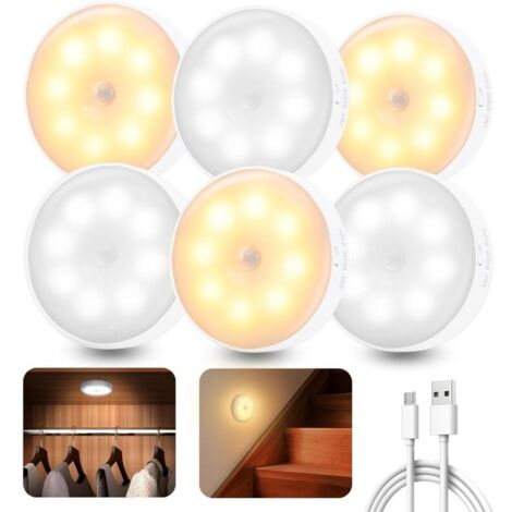 6 Pièces Lampe Détecteur de Mouvement Interieur, Veilleuse LED Rechargeable Lumiere 3 Modes, Lampe Led Sans Fil éclairage pour d'escalier, Couloir, Chambre à Coucher, Armoire, Cuisine (1/5)